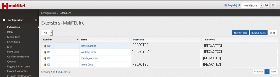 Redacted PBX extension configuration example from the MultiTEL setup documentation